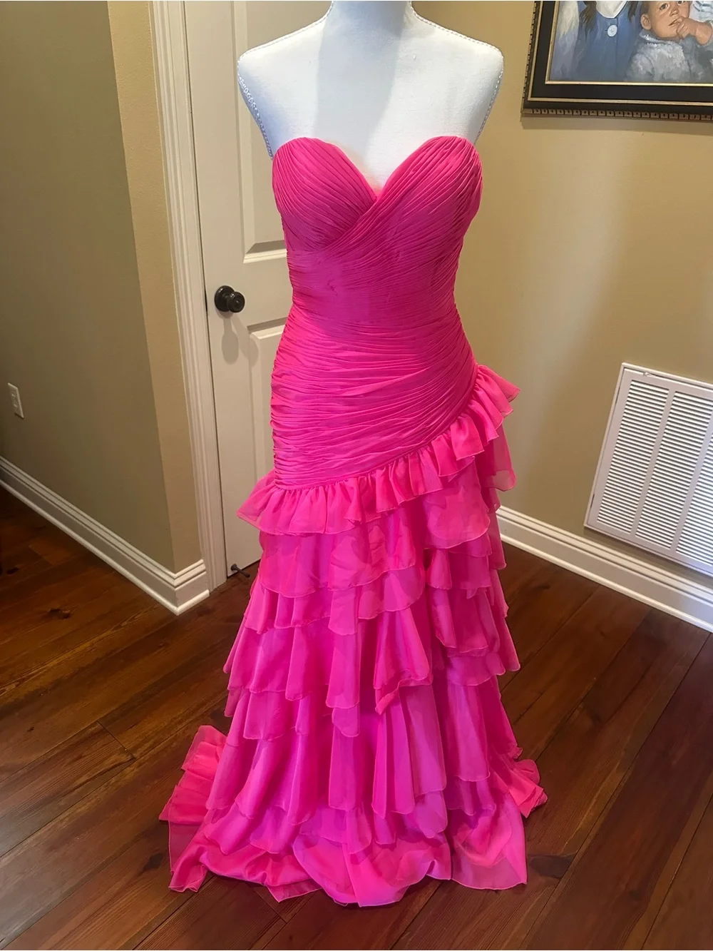 Strapless Ruffled Evening Gown in Hot Pink